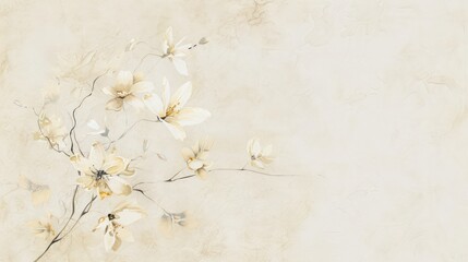 A beautiful display of white elegant flowers with delicate petals and dark centers arranged on a textured, creamy beige background, showcasing contrast and simplicity