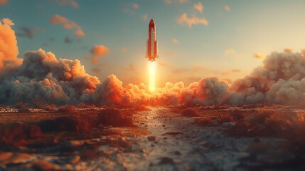 An animated 3D model of a man riding a rocket flying upwards, symbolizing stock surge - obrazy, fototapety, plakaty