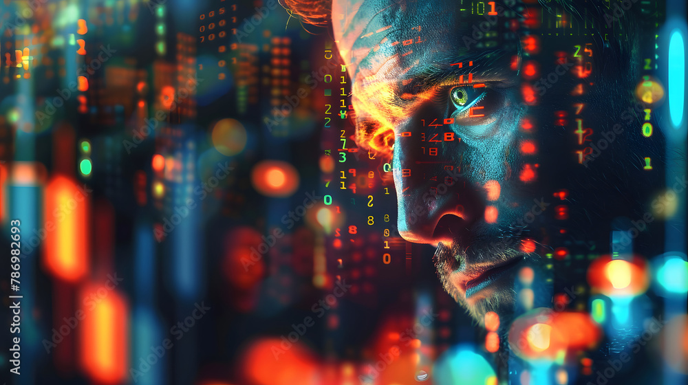 Poster an abstract network of digital numbers and forex symbols reflecting on the face of a focused trader,