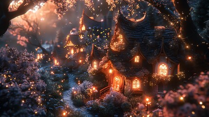 Animated kids exploring a fairy village with tiny houses and sparkling lights