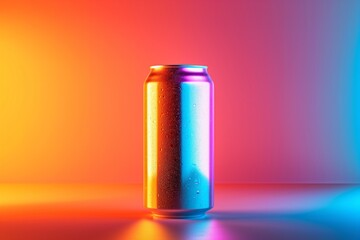 Fototapeta premium Colorful neon-lit can on a reflective surface with pink and blue lights