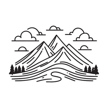recommend clip art: illustration vector  of mountain landscape in flat line style. Mountain range with trees lineart icon isolated on white. Symbol for travelling, vacation banner, logo of mountain. EPS10