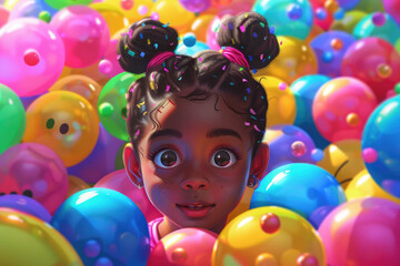 Fototapeta na wymiar A black girl with big eyes and hair buns playing in the ball pit, surrounded by colorful balloons