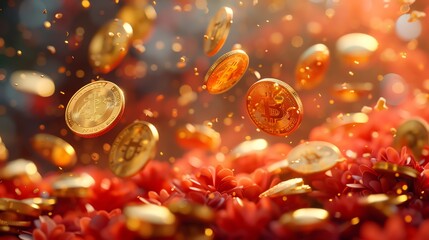 Cartoon 3D gold coins raining down on a happy character, with a bright coral background - obrazy, fototapety, plakaty