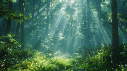 Sunshine filtering through the leaves of a dense forest canopy, dappling the forest floor
