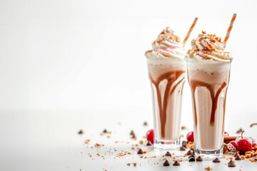 milk shakes with cream in tall glass decorated . photo on white isolated background