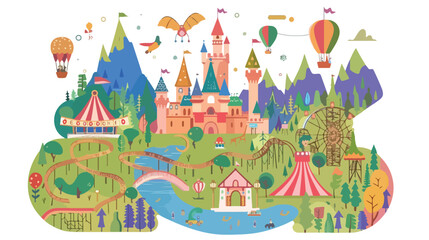 Fototapeta na wymiar Amusement park concept landscape map with flat fairer