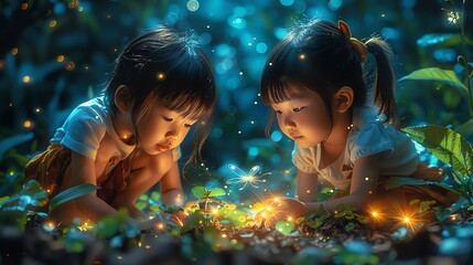 Cartoon children planting magical seeds that grow instantly in a mystical clearing - obrazy, fototapety, plakaty