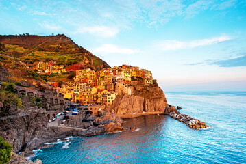 Beautiful magic colorful summer landscape on the coast of Manarola in Cinque Terre, Liguria, Italy...