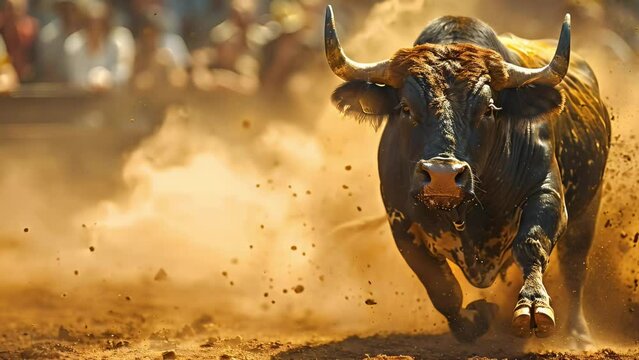 Majestic Bull's Charge in Sunlit Arena. Concept Bullfighting, Matador, Bullring, Spanish Tradition, Fiery Spectacle