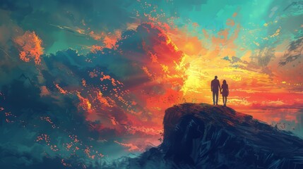A couple standing on a mountain top with a beautiful sunset in the background