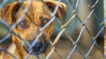 Brown dog from shelter looking fearful at park promoting adoption concept