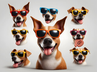 Fototapeta premium 3d Portrait of a funny dog full face logo in sunglasses showing a gesture, isolated on a white background just face logo