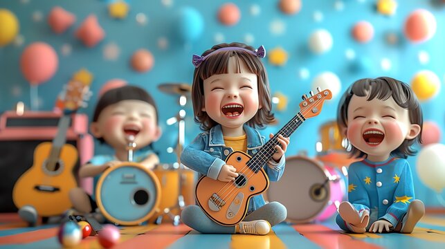 3D animated kids in a music class, colorful isolated backdrop