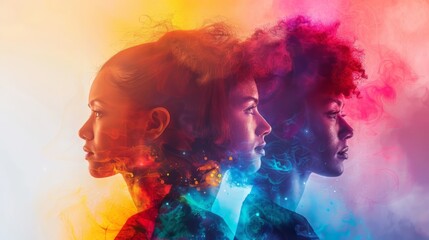 Three women's faces are shown in a colorful, abstract style - obrazy, fototapety, plakaty