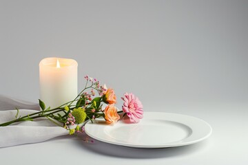 mockup table plate flower with candle decoration . photo on white isolated background