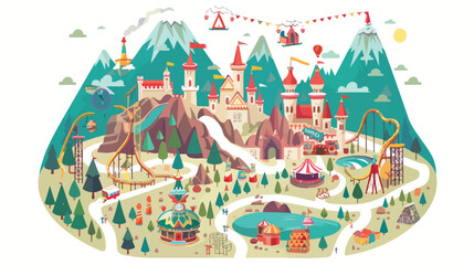 Fototapeta na wymiar Amusement park concept landscape map with flat fairgr
