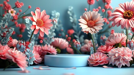 3D cartoon of a podium with seasonal flowers, blooming garden in spring background