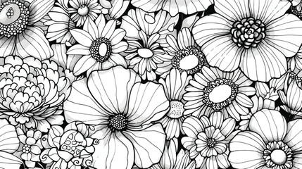 Decorative Doodle flowers in black and white for colo