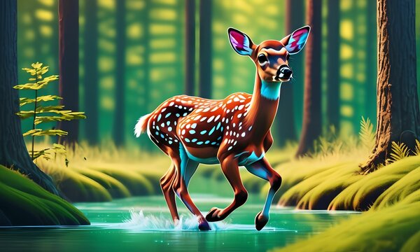 Wallpaper or illustration representing a pretty fawn in the middle of the forest.