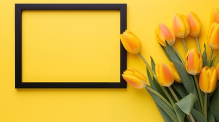 Spring Concept with Yellow Tulips and Black Empty Frame on a Yellow Background