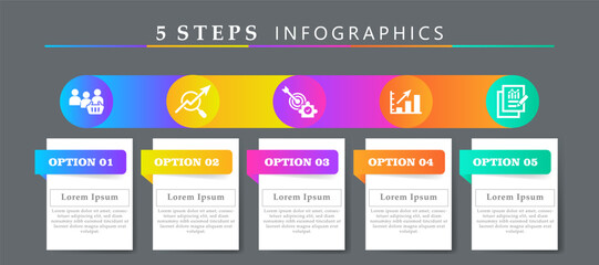 Steps infographics template with 5 options and icons of research, advertising, increase sales, pay per click and result. For process diagram, presentations, workflow layout, banner, flow chart
