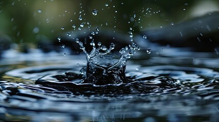 A close-up of a water droplet splashing into a pond - obrazy, fototapety, plakaty