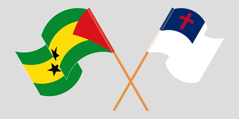 Crossed and waving flags of Sao Tome and Principe and christianity