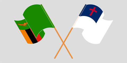 Crossed and waving flags of Zambia and christianity