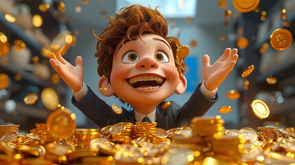 A 3D cartoon of a cheerful man in a suit surrounded by piles of gold coins on a bright blue background