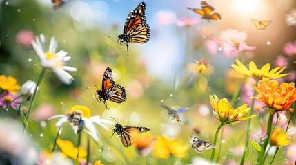 A close-up of bees and butterflies pollinating flowers - obrazy, fototapety, plakaty