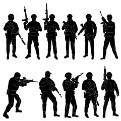 set of military, soldiers silhouette on white background vector