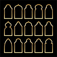 Islamic frames, oriental style. Golden arabic shapes, windows and arches. Traditional ornamental banner, frame. Muslim holidays, Ramadan Kareem. Modern eastern architecture. Vector illustration