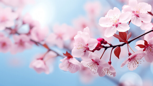 Beautiful cherry blossom sakura flowers over blue sky background.