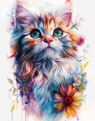generative illustration of a cute cat in watercolor style