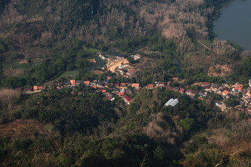 A drone shot of a small village below