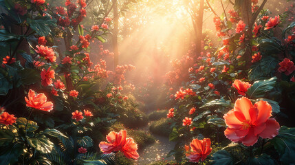 Obraz na płótnie Canvas Warm sunlight illuminating a tranquil garden, highlighting vibrant blooms and lush foliage