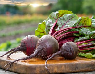 Close uo of a bunch of red turnips on a cutting board. Blurred background.