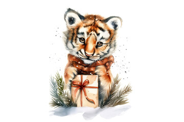 Merry Christmas and Happy New Year greeting card design. Watercolor illustration of tiger with gift box