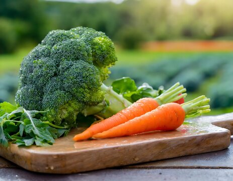 Close up of some broccoli, carrots and rucula leaves on a cutting board. Blurred background.