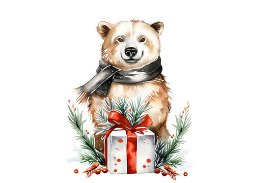 Merry Christmas and Happy New Year greeting card design. Watercolor bear with gift box
