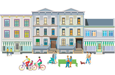  Stadtsilhouette mit Menschengruppen in der Freizeit im Wohnviertel, Illustration - 786986642