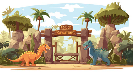 Dinosaur park with cute animals of jurassic era. - obrazy, fototapety, plakaty