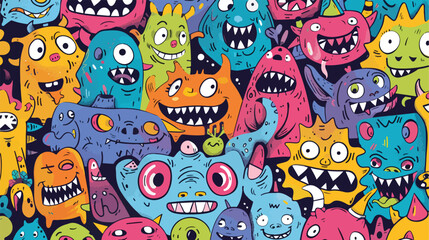 Hand drawn cute Tiny Little Doodle Monsters. Cheerful