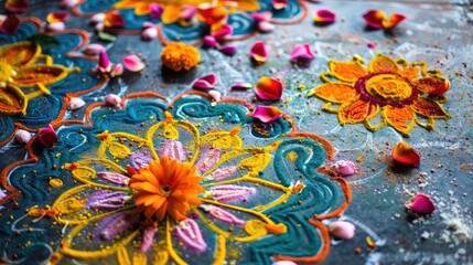colorful rangoli patterns created on the floor using colored powders or flower petals