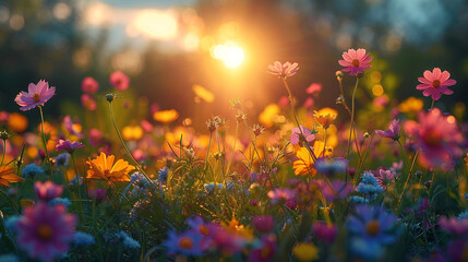 Bright sunburst illuminating a colorful field of wildflowers in full bloom