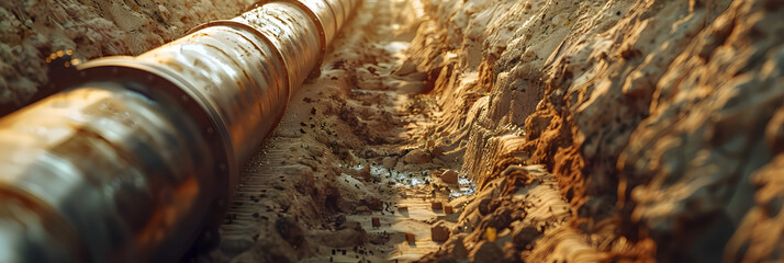 Metal pipe in trench, pipeline construction in ground, old underground water line and dirt. Concept of technology, oil, gas, work, dig