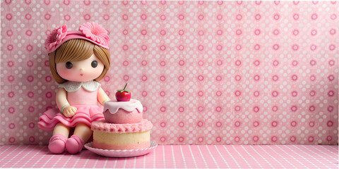 A small cute doll is sitting on a pink background and there is a cake next to her, cute wallpaper, wallpaper for girls,textile, wallpaper, 5D, little cute doll sitting on a pink background with a cake