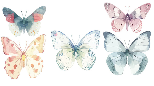 Hand drawn Four beautiful Butterflies. Colorful Vector