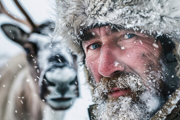 Male reindeer herder in snow - obrazy, fototapety, plakaty